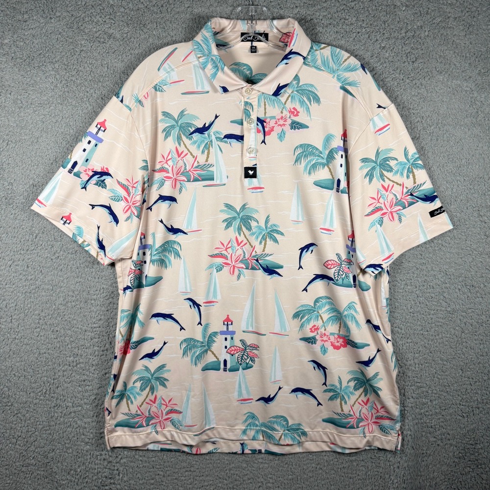 Bad Birdie Mens 2XL Tropical Dolphin Lighthouse Golf Polo Shirt Peach Nautical